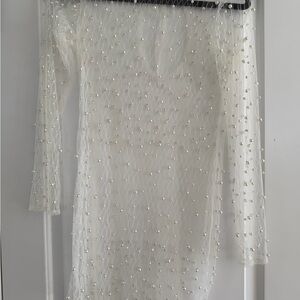 Ivory Pearl-Embellished Long-Sleeve Dress